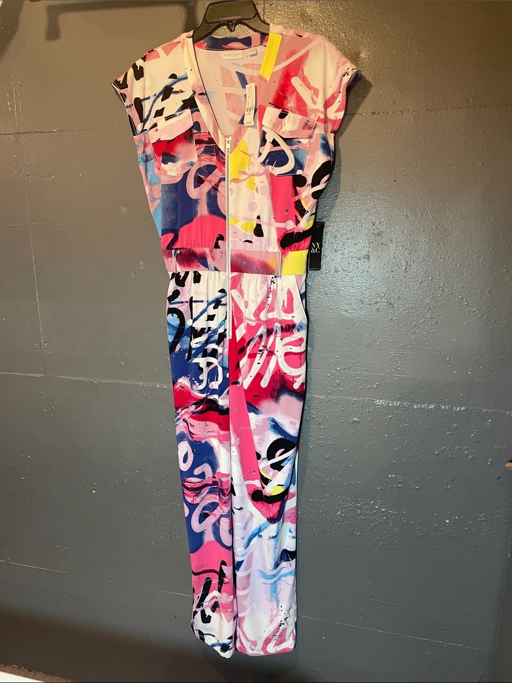 New York & Company Colorful Abstract Print Jumpsuit - Pink, Blue, White, Black